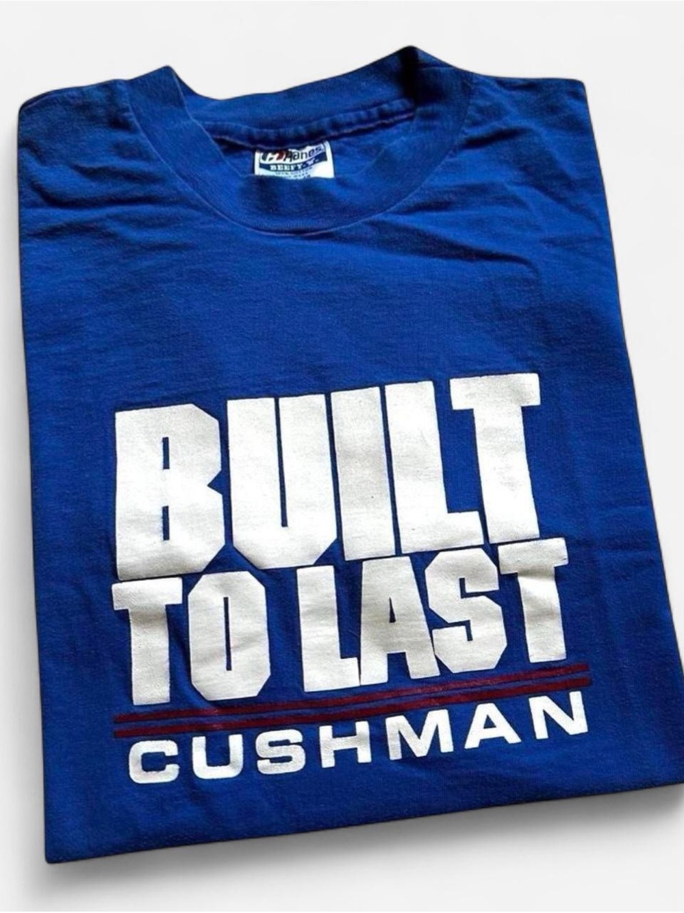 Vintage 1990s Men's Cushman Scooters 'Built to Last' Blue Graphic Tee XL